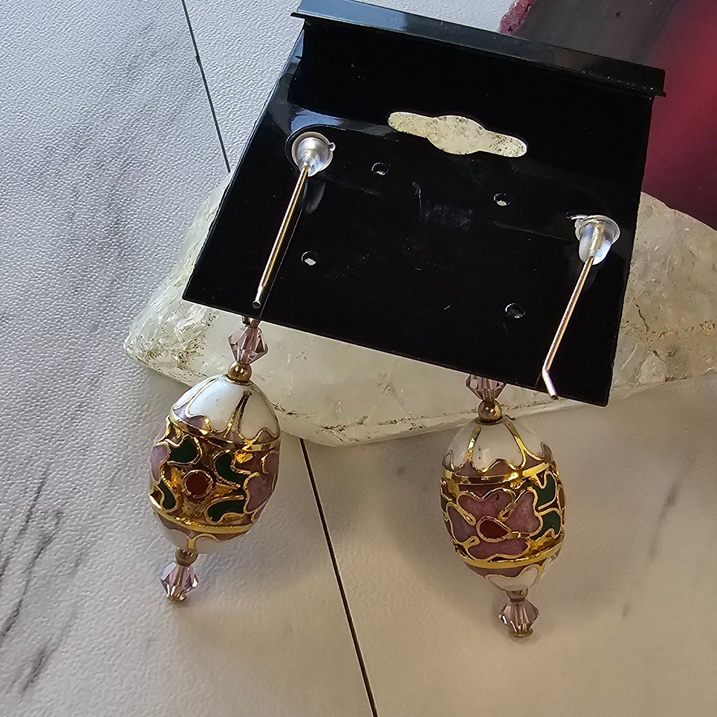 Vintage Cloisonne Flower Bead Dangle Earrings, Purple Flowers, Gold 14/206